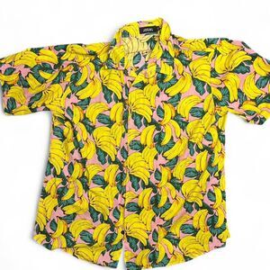 JOGAL Men's Banana Print Short Sleeve Button Down XL